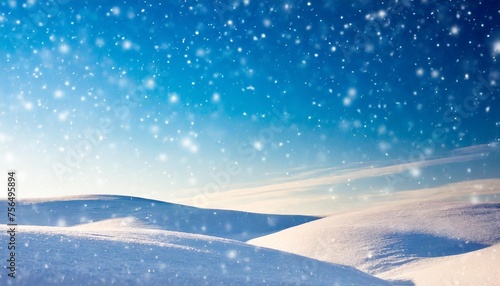 winter snow background with snow with beautiful light and snow flakes on the blue sky in the evening copy space