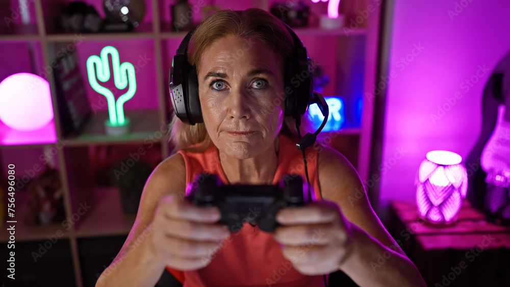 Mature woman gaming in a neon-lit room at night focused and wearing headphones Mature woman gaming in a neon-lit room at night focused and wearing headphones