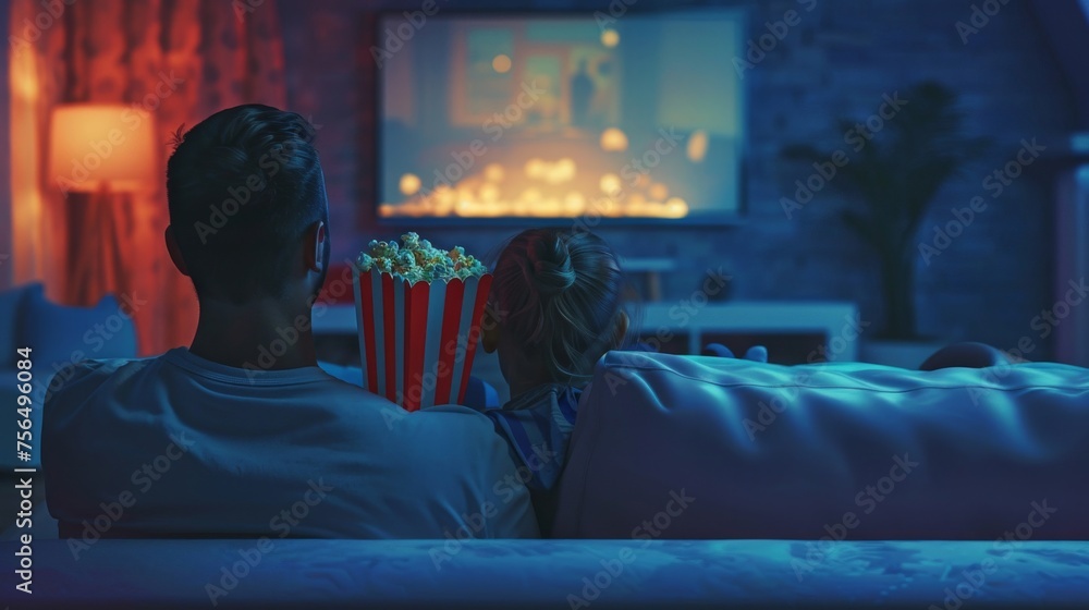 Cozy Home Movie Night Experience with a Couple Sharing Popcorn
