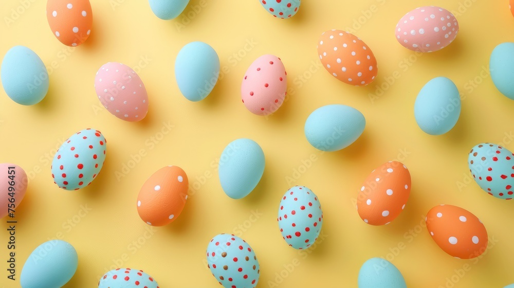 Pastel Polka-Dotted Easter Eggs on Sunny Yellow Background.