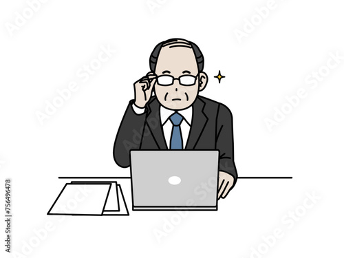 パソコン作業をする中年会社員の男性のイラスト