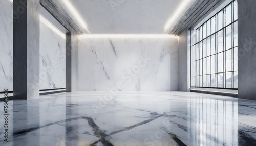 an elegant empty room in the style of a luxurious loft with white walls and marble floors to be used as a background for presentations and product design interesting light reflections 3d rendering