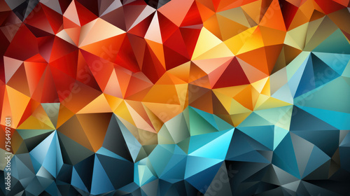 Abstract polygonal shapes form a colorful rainbow gradient in this vector background. AI generative