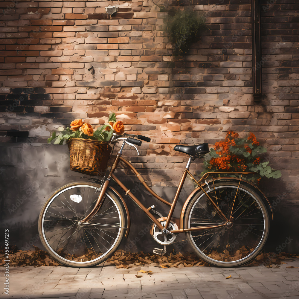 A vintage bicycle leaning against a brick wall. 