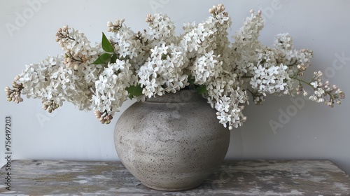 Bouquet of spring flowers, white lilac in concrete vase. Generative AI