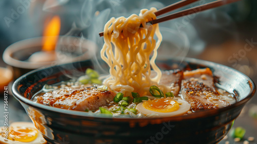 Sapporo miso ramen in a bowl. Delicious ramen in Japan. Ramen asian noodle in broth with Beef tongue meat, mushroom and pickled egg in bowl on dark background.  Japanese soup ramen. Traditional.  photo