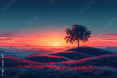 Drawing landscape a tree on sunset sky background. Generative ai.