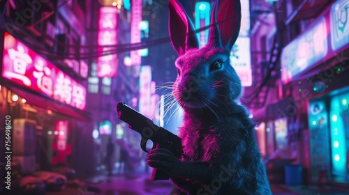 A rabbit with a stealth gun navigating through the neon-lit labyrinth of a dystopian city, reflecting futuristic vibes and cyberpunk aesthetics