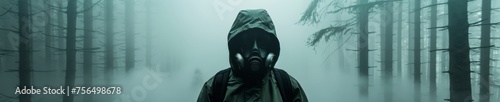 A toxicologist in protective gear standing in a misty forest surrounded by mysterious toxic fumes
