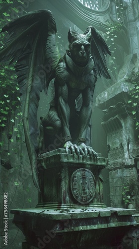 A towering gargoyle statue in a forgotten temple with magical runes and ivy growing around it