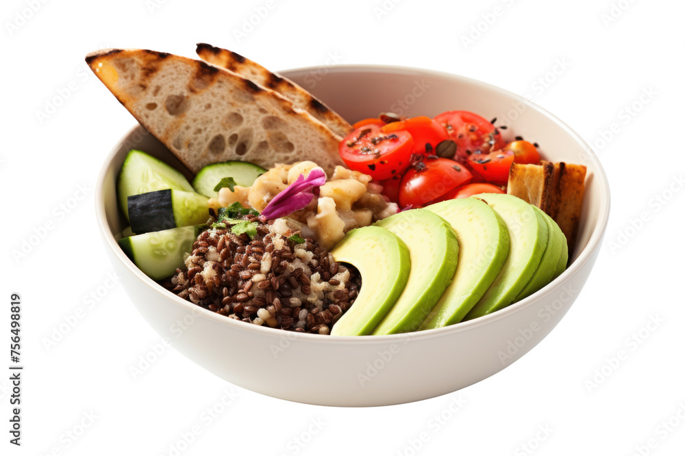 bowl with brown rice, lentils, grilled vegetables, avocado and ketchup Served with whole grain bread Isolated on transparent background.