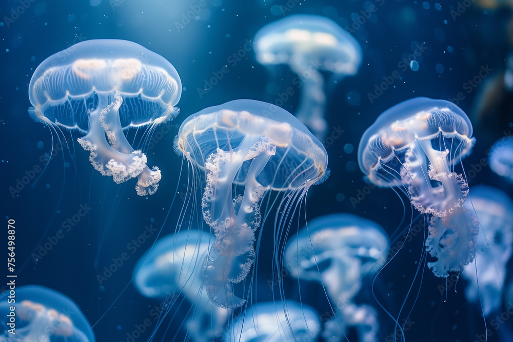 Glowing jellyfish swiming in deep blue sea Glowing jellyfish swiming in deep blue sea