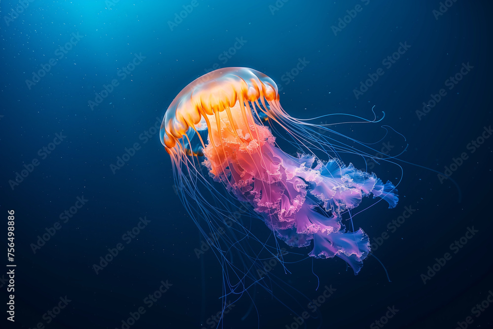 Glowing jellyfish swiming in deep blue sea Glowing jellyfish swiming in deep blue sea