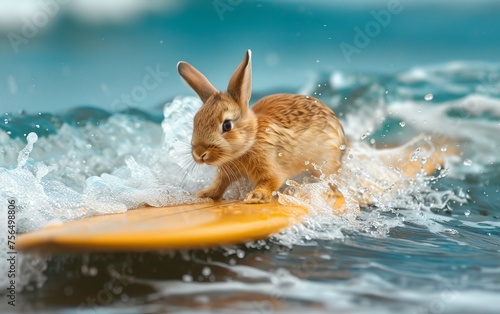 Adorable bunny on a surfboard navigating a gentle wave a blend of cuteness and sport photo
