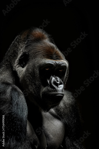 Portrait dominant male gorilla on black background