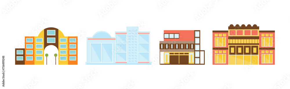 Commercial Building and City Architecture Front View Vector Set