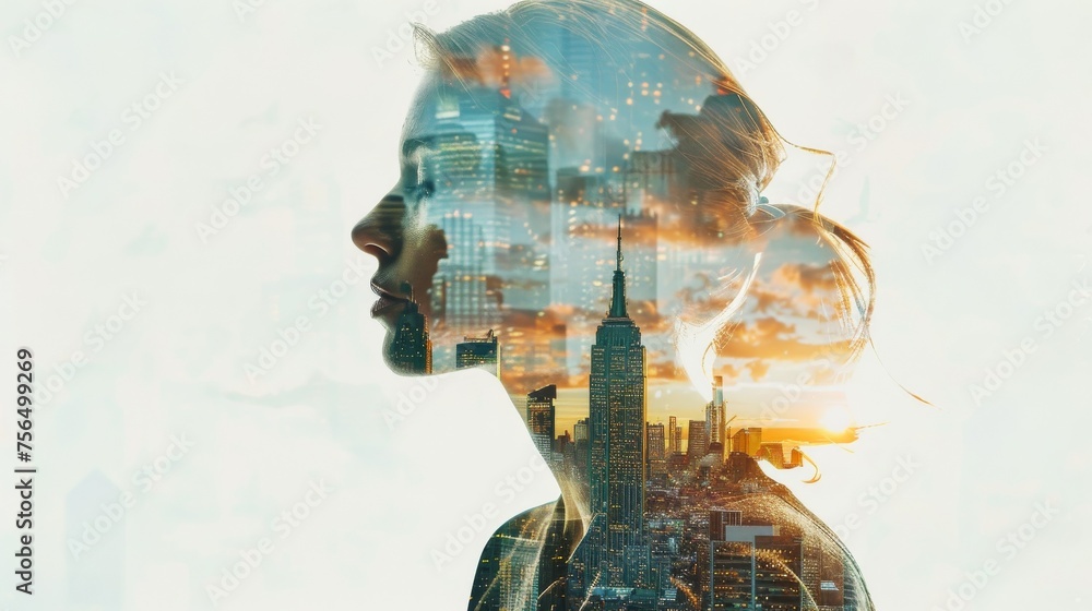 Double exposure of a woman and cityscape evoking a narrative of urban dreams and ambitions