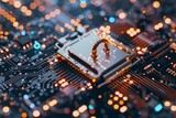 Cybersecurity lock pulsating on a motherboard circuit