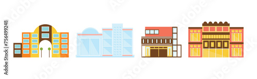 Commercial Building and City Architecture Front View Vector Set