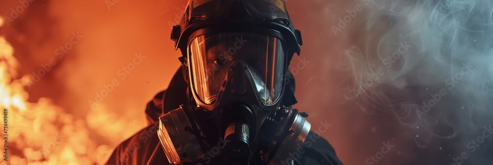 Firefighter in full gear and gas mask heroically battling flames and ...