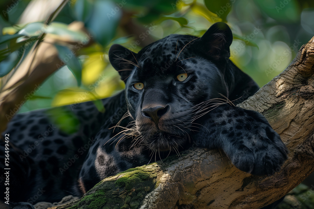 Black panther in tropical rainforest