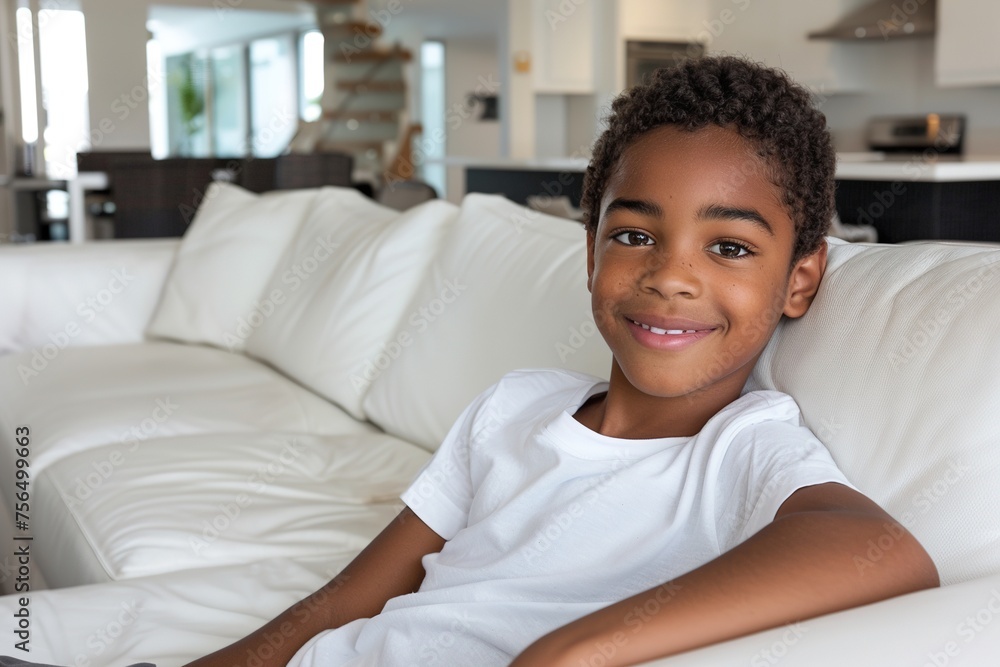 dark-haired boy sitting in a white armchair smiling dark-haired boy sitting in a white armchair smiling