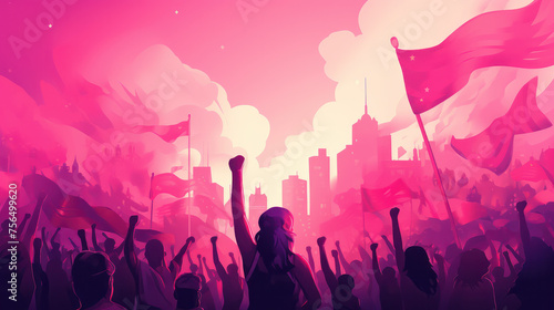 Illustration of feminist society website hero section with pink theme. Empowerment and equality concept. AI generative