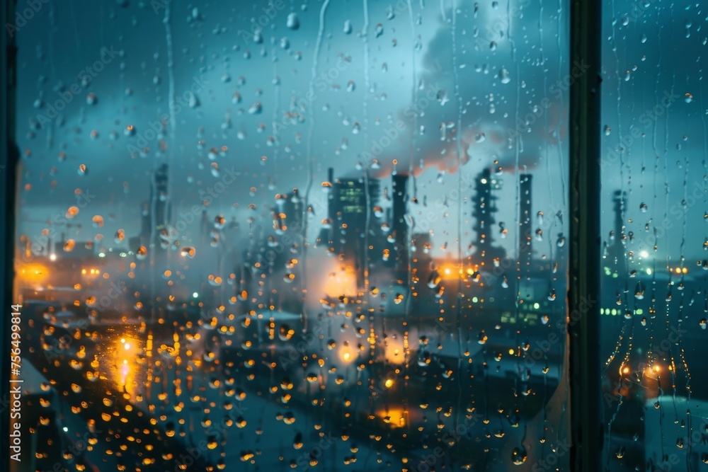 Industrial carbon capture complex seen through a rain soaked window reflective mood