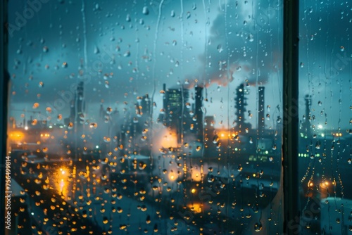Industrial carbon capture complex seen through a rain soaked window reflective mood