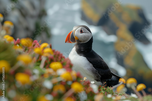 Closeup shot of an Atlantic puffin standing on the rock with a blurred background