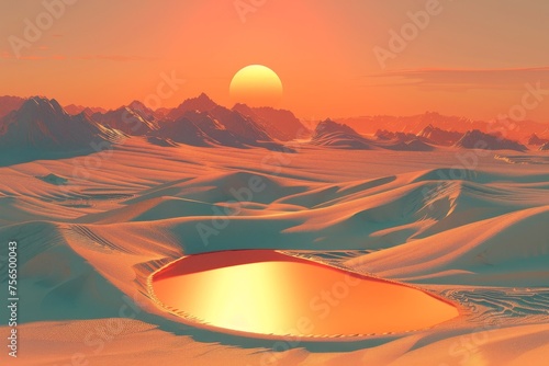 Mirage like desert landscape surreal sand dunes with a glowing oasis under a scorching sun