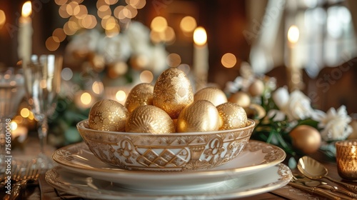 Luxurious Golden Easter Eggs on Ornate Table Setting.