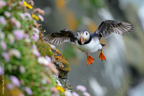 Closeup shot of an Atlantic puffin flying with a blurred background