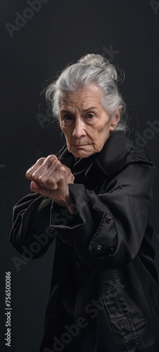 Old woman in a boxing pose epitomizing empowerment and vitality dramatic angle