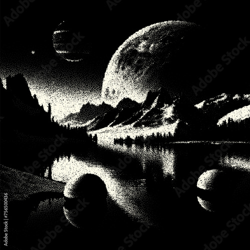 Alien planet landscape in retro dotwork style. Planets and satellites over unknown planet in space. Sci-fi world landscape beyond our galaxy. photo