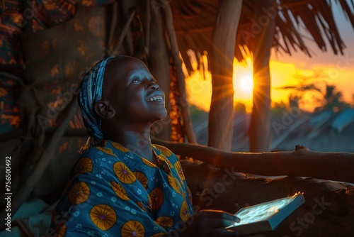 African girl looking at the sky while using a tablet