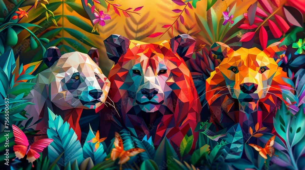 Nature-themed low poly background featuring geometric animals in vibrant ecosystem