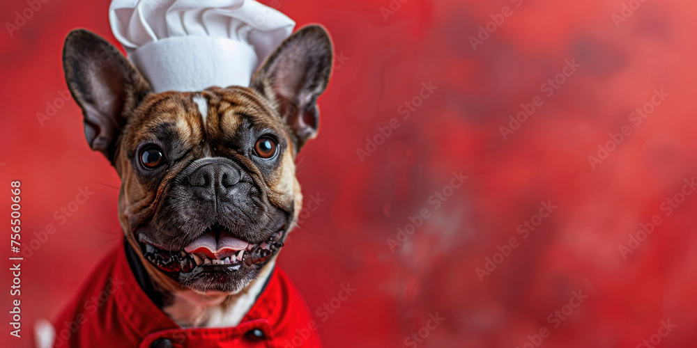 Funny French Bulldog in Chef's Hat on Vibrant Red Background with Copy Space for Text or Design Concept