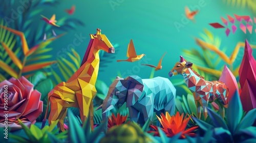 Playful low poly background featuring geometric animals in vibrant ecosystem