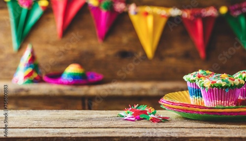 empty table with mexican fiesta decorations with out of focus background