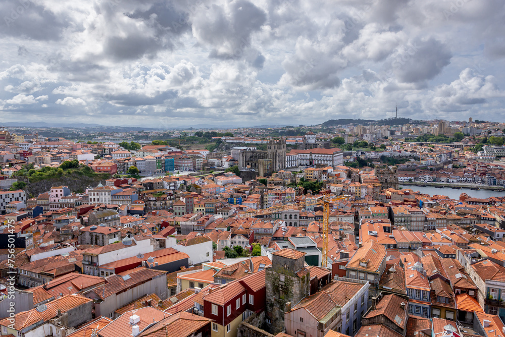 Aerial view from tower of Clerigos Church in Porto city, Portugal with Se Cathedral, Douro River and Vila Nova de Gaia city