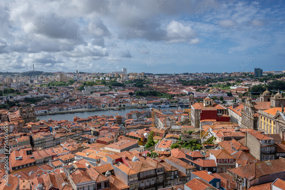 Aerial view from tower of Clerigos Church in Porto city, Portugal with