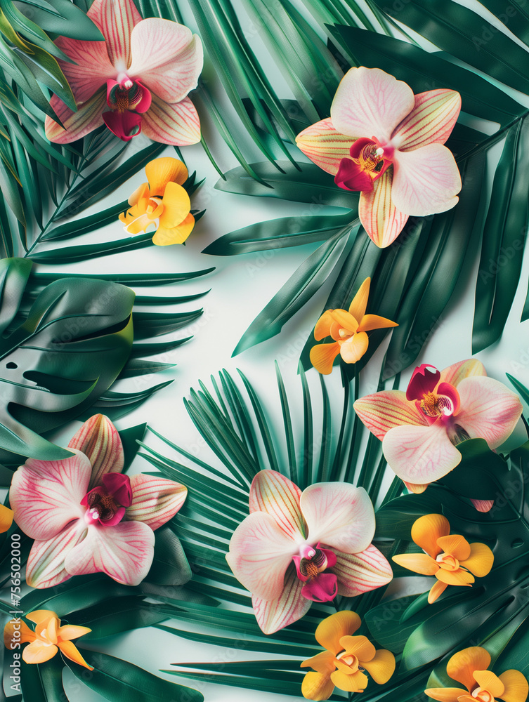 Obraz premium Natural creative layout made of tropical leaves and orchid flowers. Spring and summer banner.