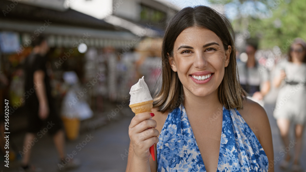 Summertime delight, beautiful hispanic woman enjoying delicious ice cream cone on a sunny day in nara, japan's luscious park, her cheerful smile reflecting holiday fun and outdoor adventures
