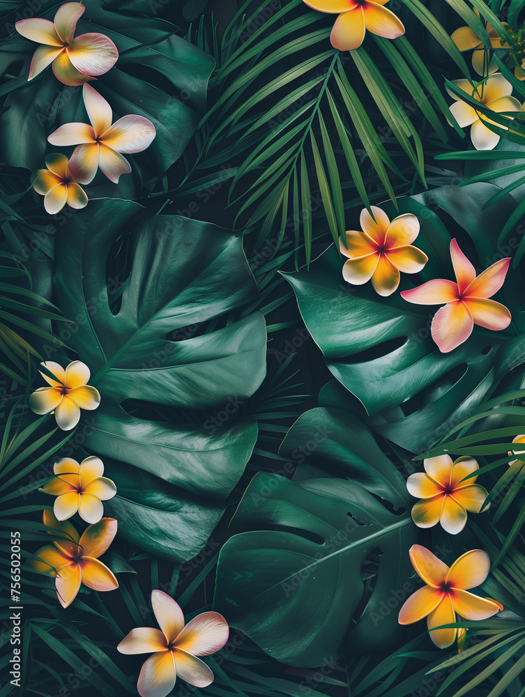 Minimal summer exotic concept with tropical palm leaves and yellow flowers. Creative nature visual trend.