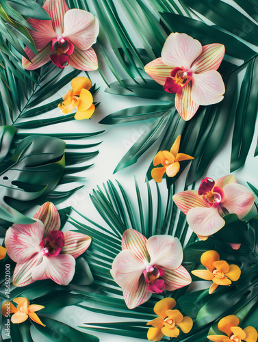 Natural creative layout made of tropical leaves and orchid flowers. Spring and summer banner.