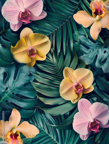Creative layout made with tropical palm leaves and pastel orchid flowers. Creative spring or summer background. 
