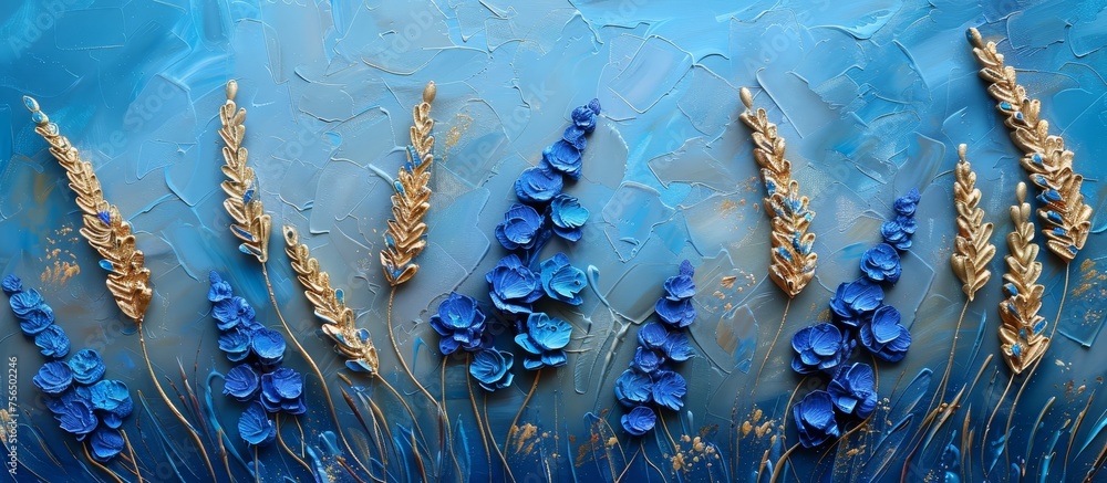 Textured blue flowers and golden wheat ears on background, abstract painting in the style of acrylic art, texture paint,