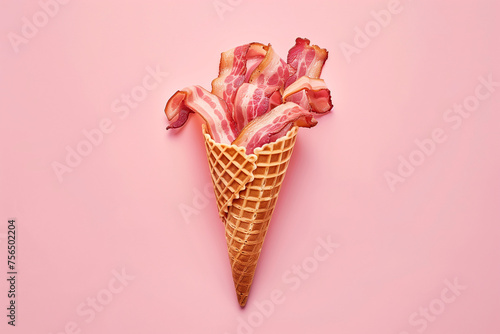 Creative ice cream cone full of crispy bacon slices on pink background. Flat lay with copy space for the text. Minimal food concept. photo