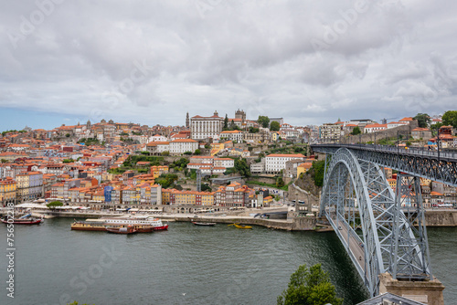 Aerial view od Porto with Dom Luis I Bridge over Douro River between cities of Porto and Vila Nova de Gaia, Portugal
